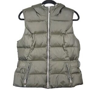 Eddie Bauer Puffer Vest L Olive Hood 650 Goose Down Filled Zip Up Cinched Winter
